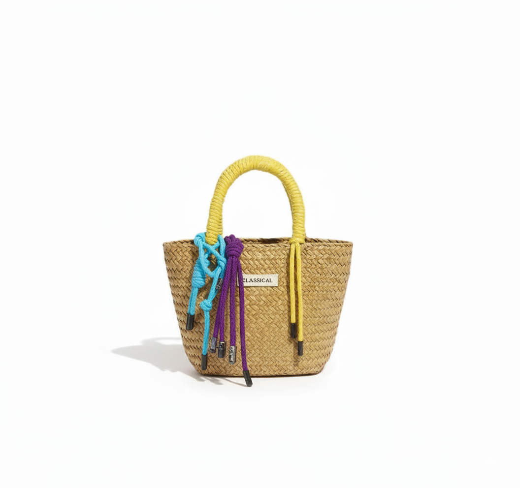 CARTERA DE TEJIDO BEIGE CON AMARILLO