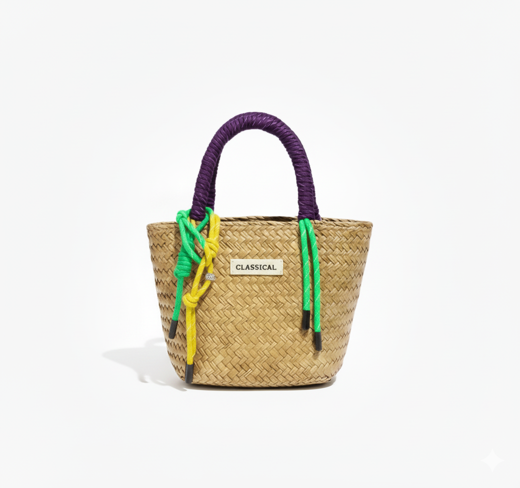 CARTERA DE TEJIDO BEIGE CON MORADO OSCURO