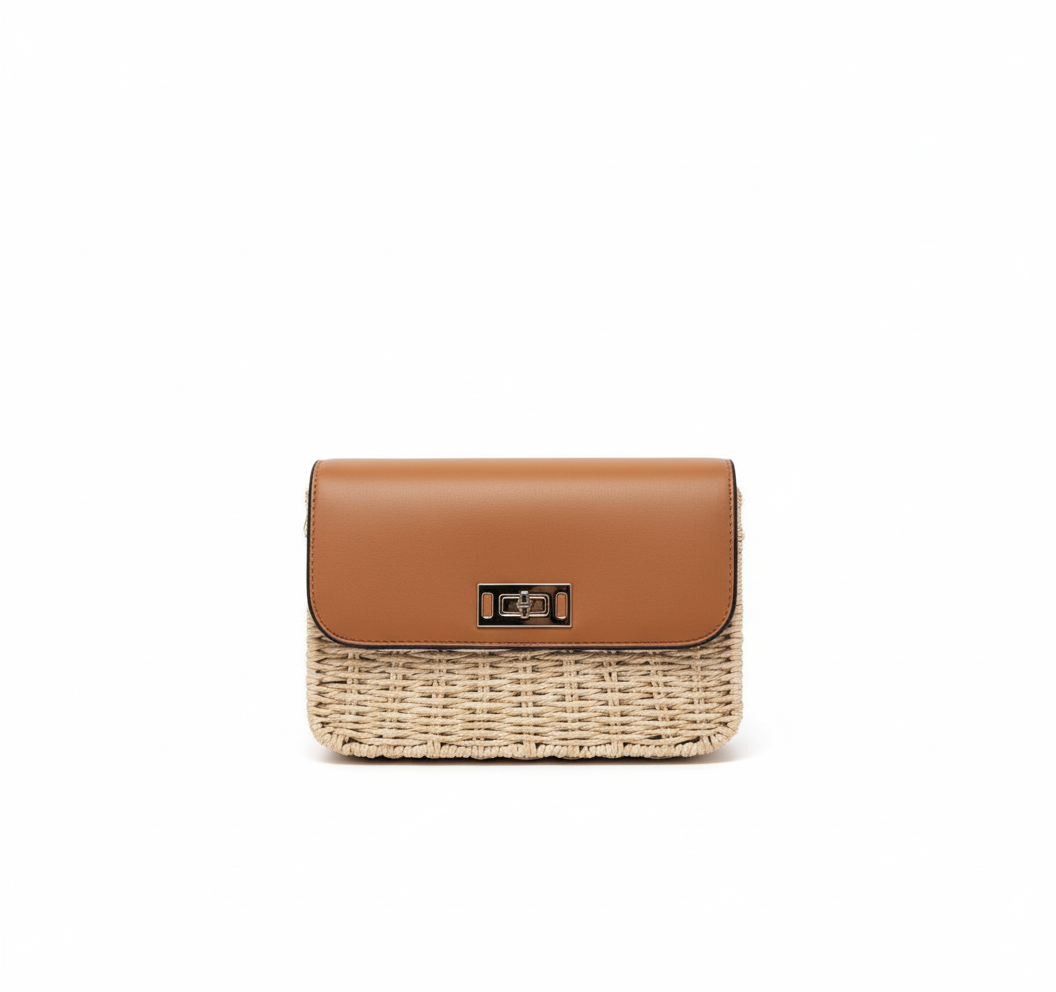 CARTERA DE TEJIDO BEIGE CON NARANJA