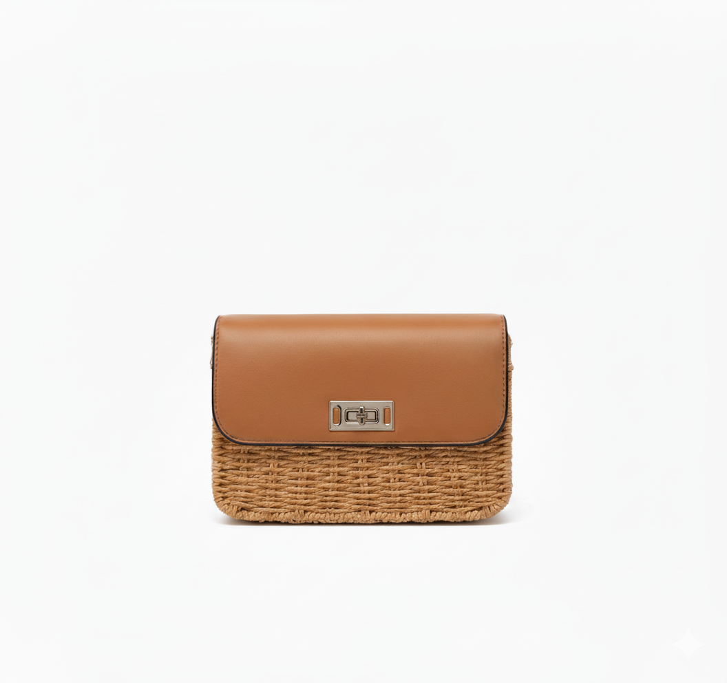CARTERA DE TEJIDO MARRON CON NARANJA