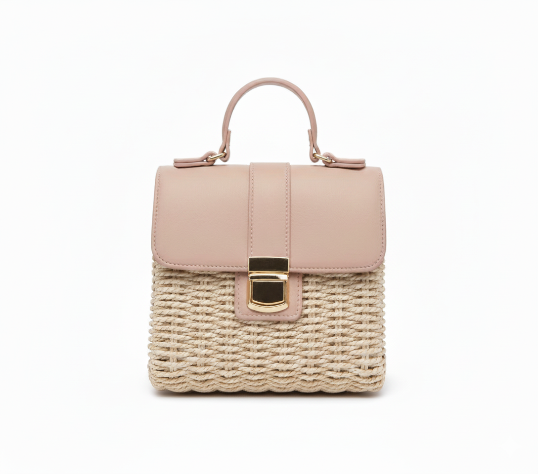 CARTERA DE TEJIDO ROSADO CON BEIGE