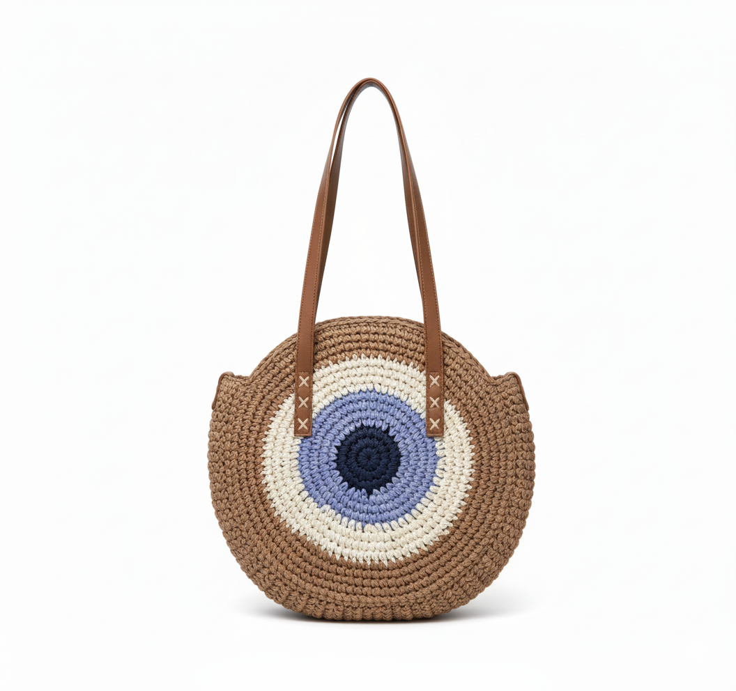 CARTERA DE TEJIDO MARRON CON BEIGE Y MORADO