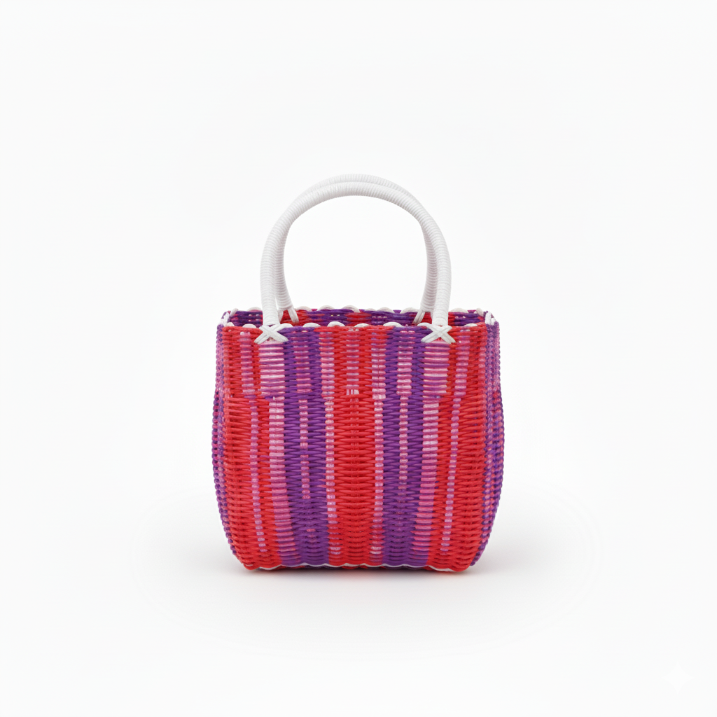 CARTERA DE TEJIDO ROSADO CON MORADO Y ROJO