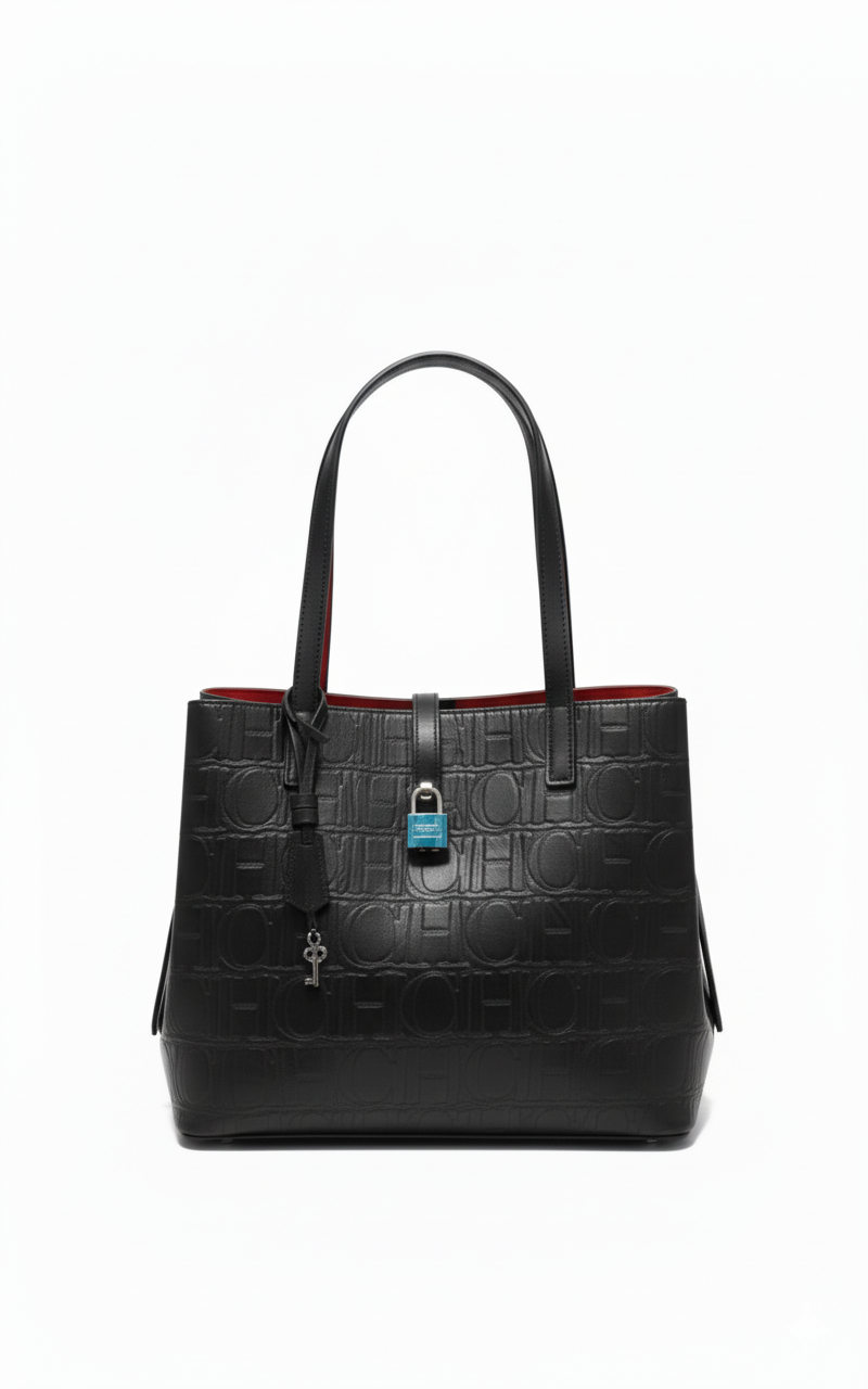 CARTERA DE PLASTICO NEGRO CON CANDADO AZUL