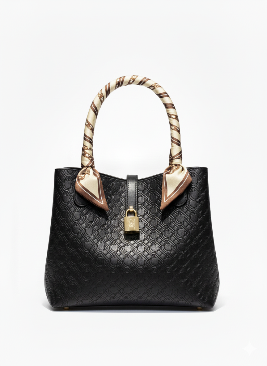 CARTERA DE PLASTICO NEGRO CON CANDADO DORADO