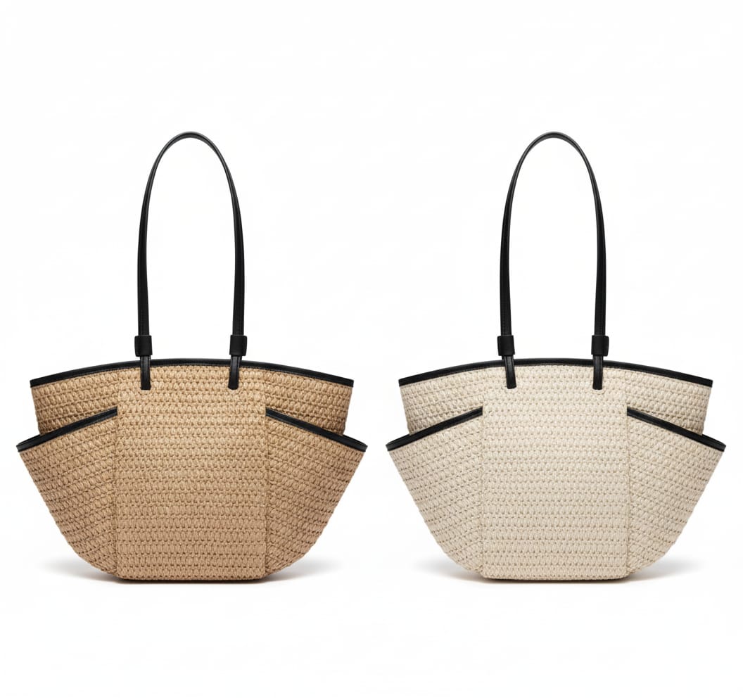 CARTERA TOTE DE TEJIDO TIPO CAPAZO CON ASAS NEGRAS