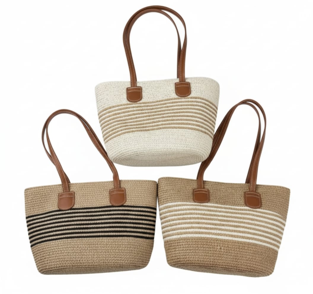 CARTERA TOTE DE HOMBRO CON RAYAS Y ASAS DE CUERO
