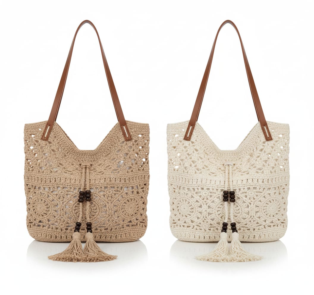 CARTERA TOTE DE TEJIDO CON ASAS DE CUERO Y BORLA