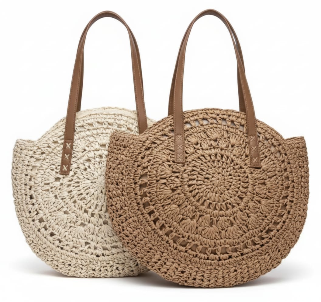 CARTERA TOTE CIRCULAR DE RAFIA CON TEJIDO CALADO Y ASAS DE POLIPIEL