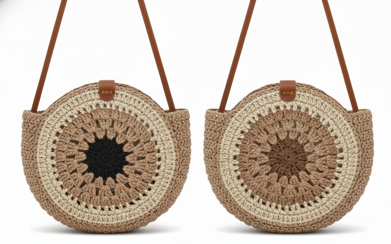CARTERA BANDOLERA REDONDA DE CROCHET CON PATRON MANDALA