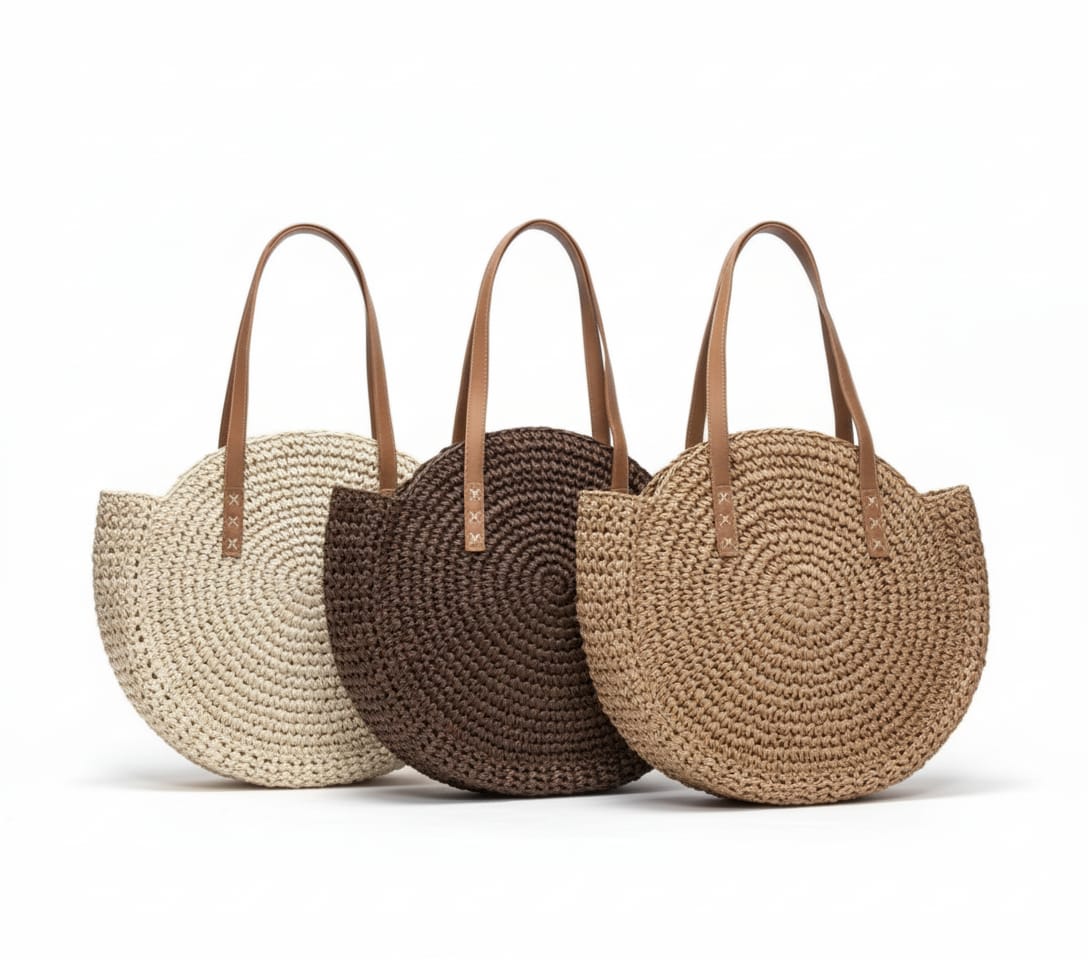 CARTERA TOTE CIRCULAR DE TEJIDO CON ASAS DE POLIPIEL